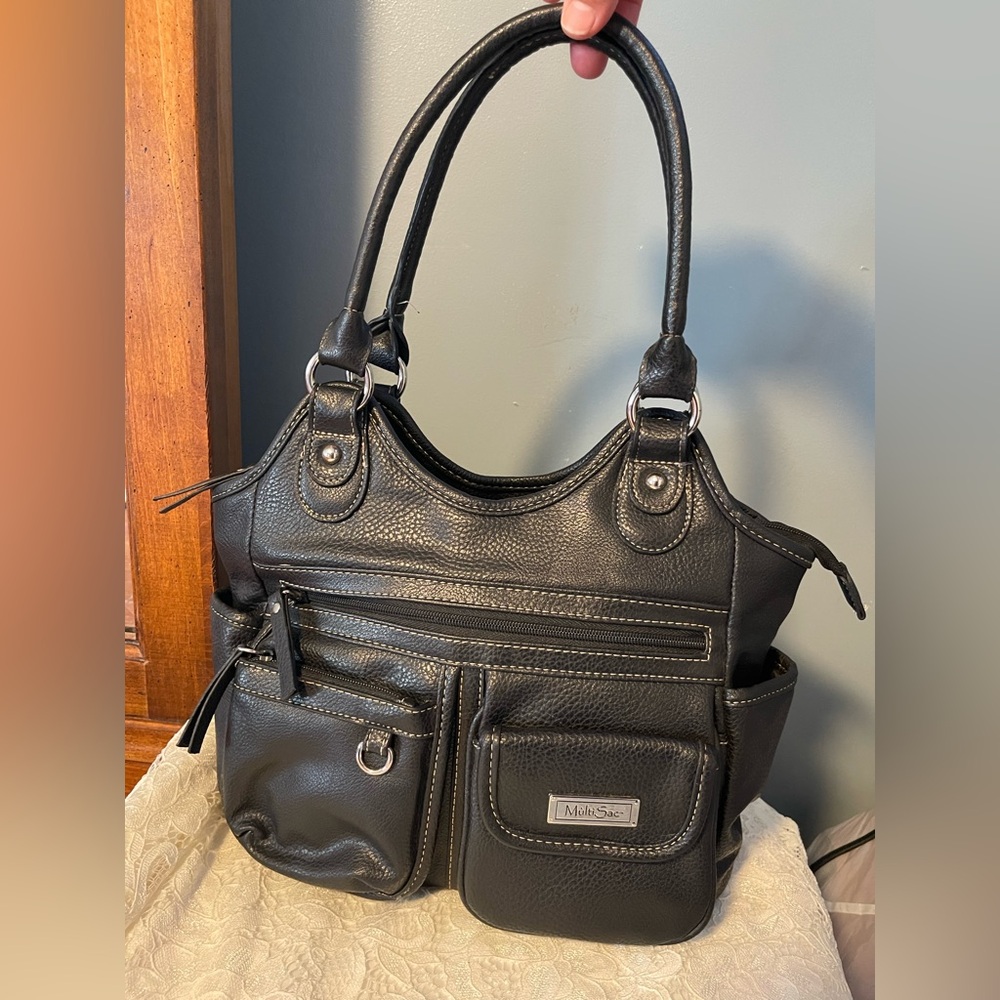 Molisac Black Pebbled Leather Shoulder Bag with Front Pockets